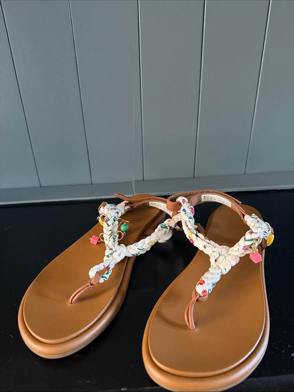 Speedy Braided Beaded Tan Leather Thong Sandals - Women's